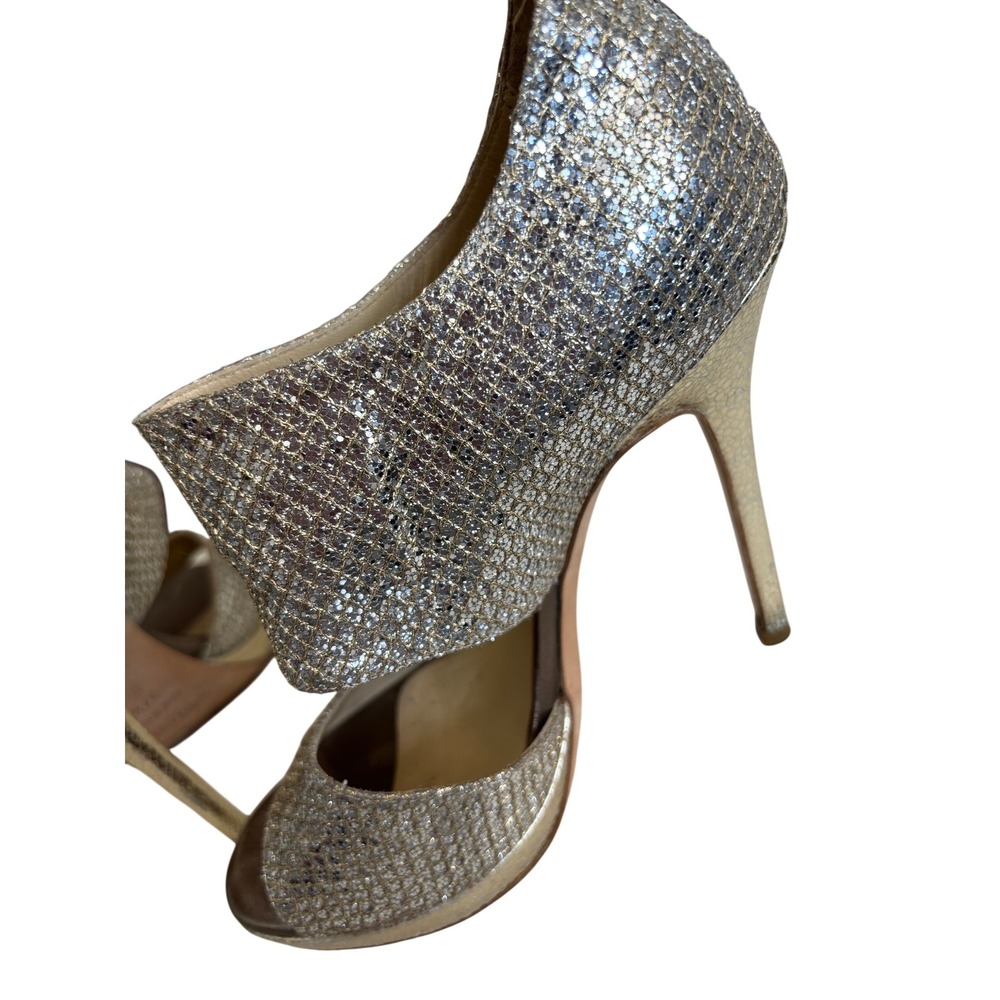 Jimmy Choo Champagne Glitter Peep Toe Platform Sandals Ankle Zip Heels 37.5 - Picture 13 of 13